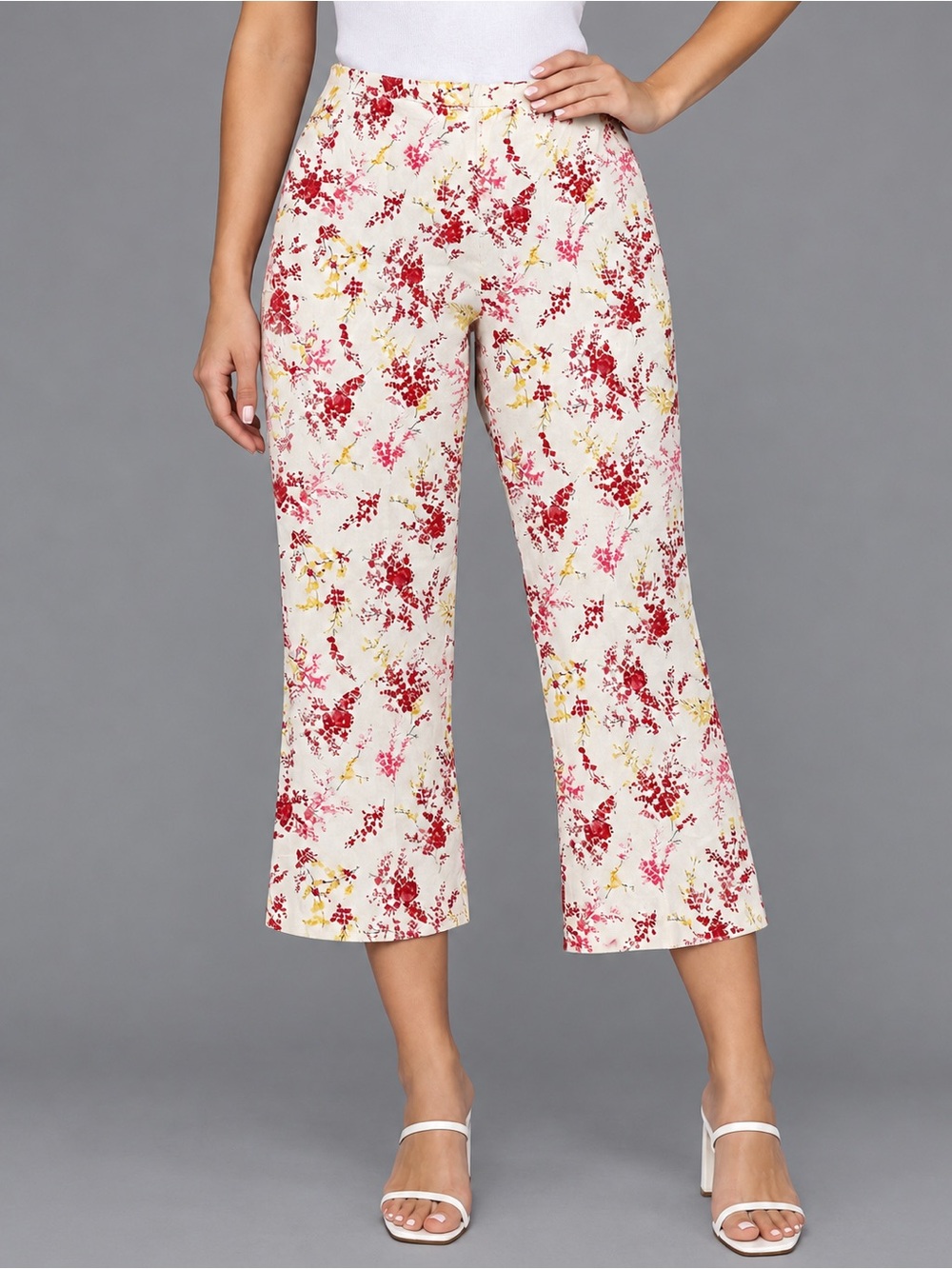 Women’s Cropped Wide-Leg Floral Pants - White with Red Floral